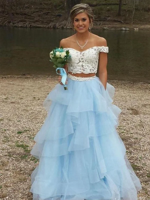 Two Piece Off Shoulder BLue Organza Ivory Lace Prom Dresses, DB1119