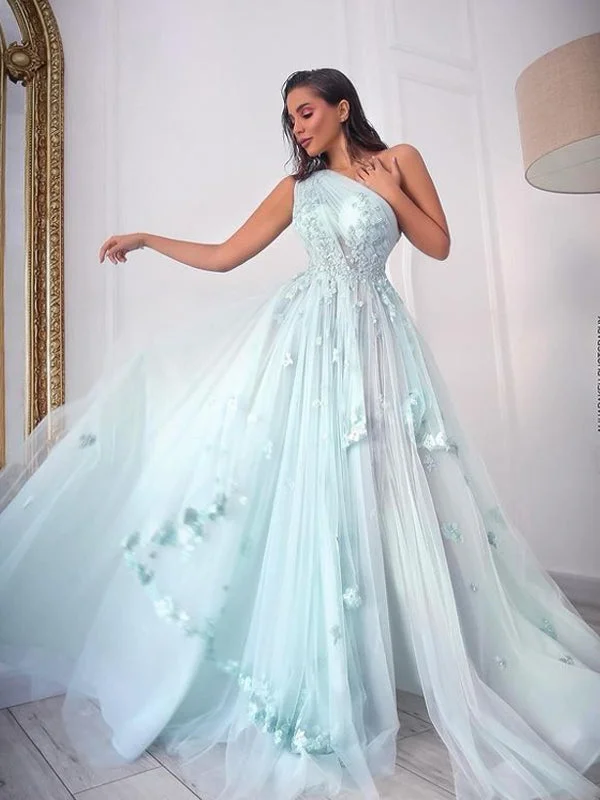 Elegant One-shouder A-line Tulle Long Prom Dresses.SW1250