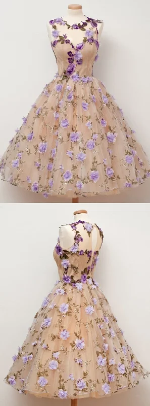 A-Line Jewel Tea-Length Open Back Champagne Tulle Homecoming Dress with Appliques Flowers    cg19918