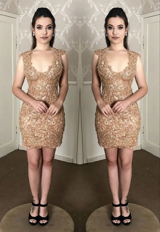 Elegant gold lace short homecoming dresses    cg18936