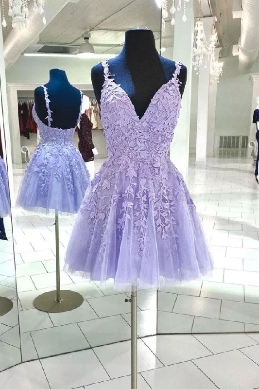 Purple v neck tulle lace short homecoming dress lace cocktail dress   cg14994