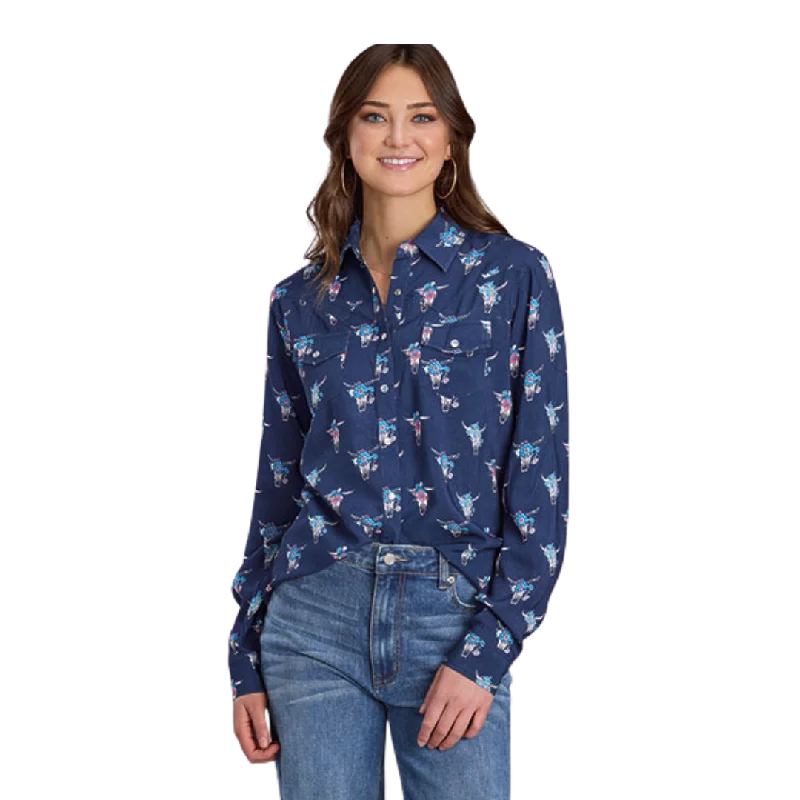 Roper Women's Navy Western Blue Blouse Collared Satin Blouse