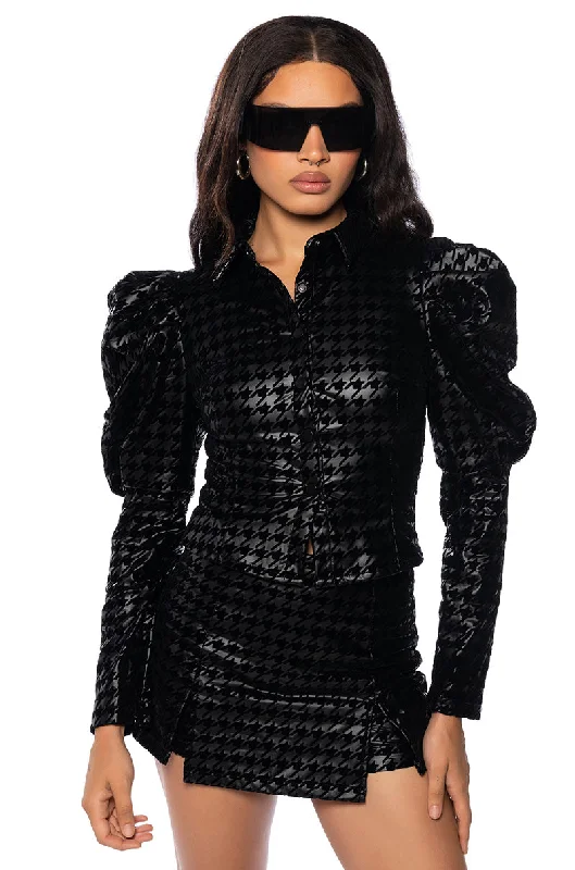 BETTER OFF ALONE STRETCH PU HOUNDSTOOTH BUTTON DOWN BLOUSE Elegant Office Blouse