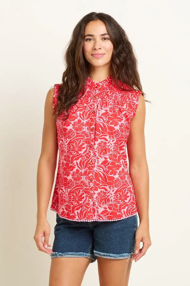 Brakeburn Josie Blouse in Hawaiian Red Stretchy Fitted Blouse