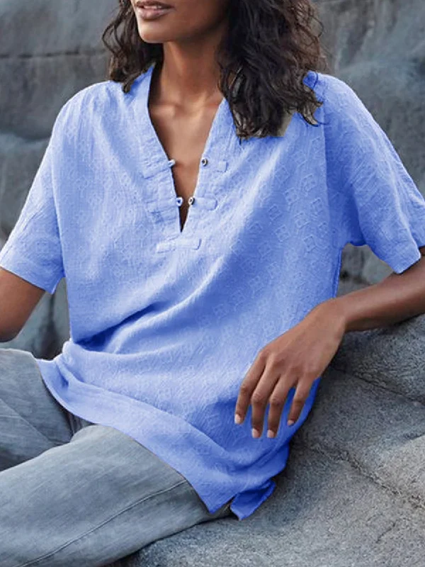 Buttoned Short Sleeve Buttoned V Neck Casual Blouses Classic Striped Blouse
