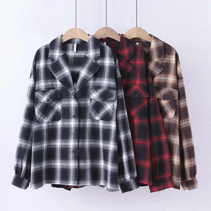 Casual Long Sleeve Plaid Blouse Women Feminine Pastel Blouse