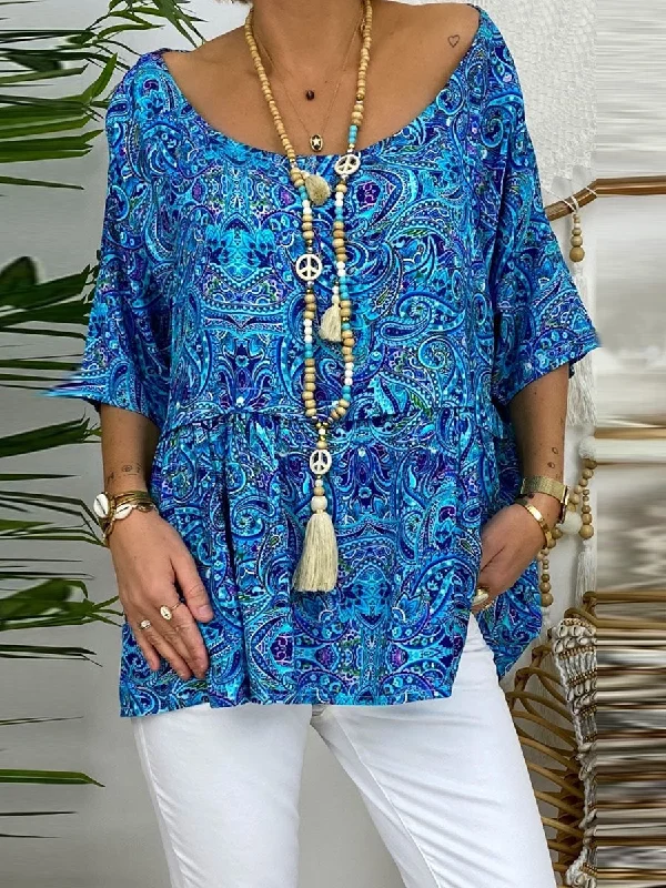 Casual Print Round Neck Tops Half Sleeve Loose Shirt Blouses Lightweight Tunic Blouse