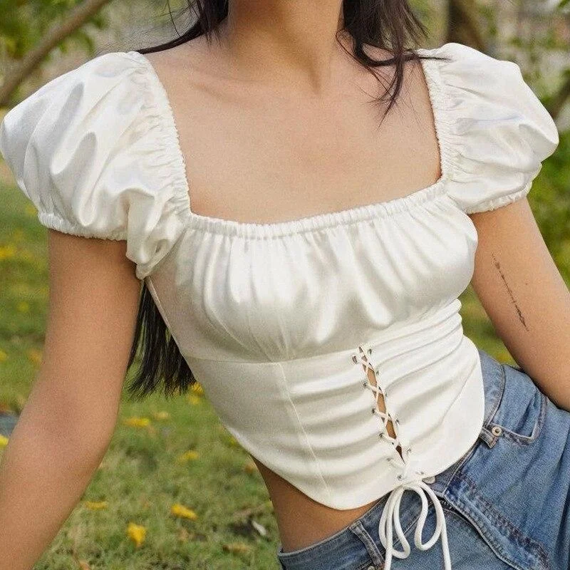 Elegant Square Collar Drawstring Ruched Top and Blouses Shirts Peter Pan Blouse