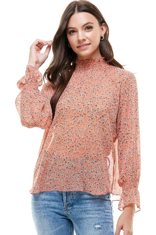 Ditsy Floral Smock Neck and Smock Cuffs Blouse Elegant Peplum Blouse