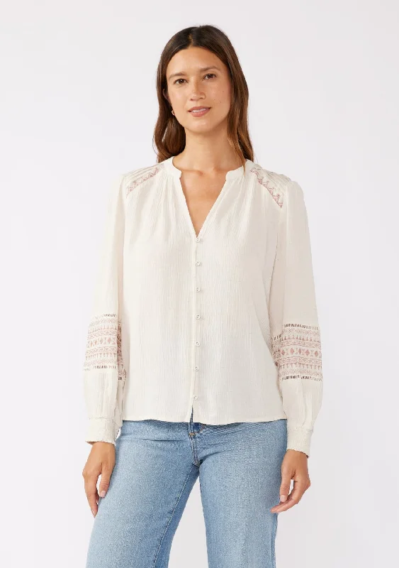 Embroidered Button Down Split Neck Blouse Feminine Ruffle Blouse