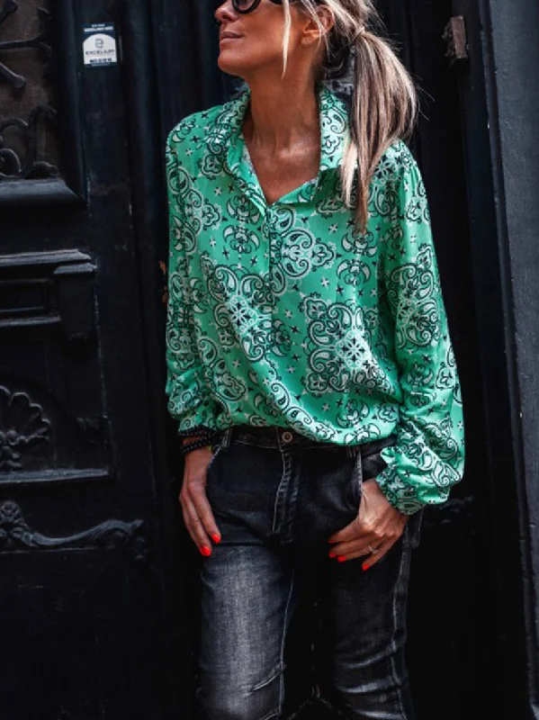 Fashion Trendy Printed Long Sleeve Loose Green Blouses Elegant Semi-Sheer Blouse