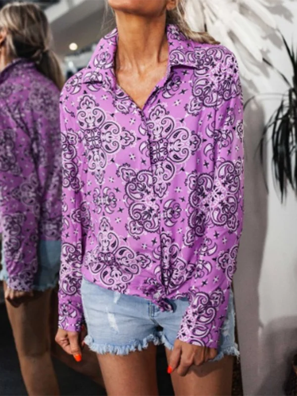 Fashion Trendy Printed Long Sleeve Loose Purple Blouses Feminine Satin Blouse
