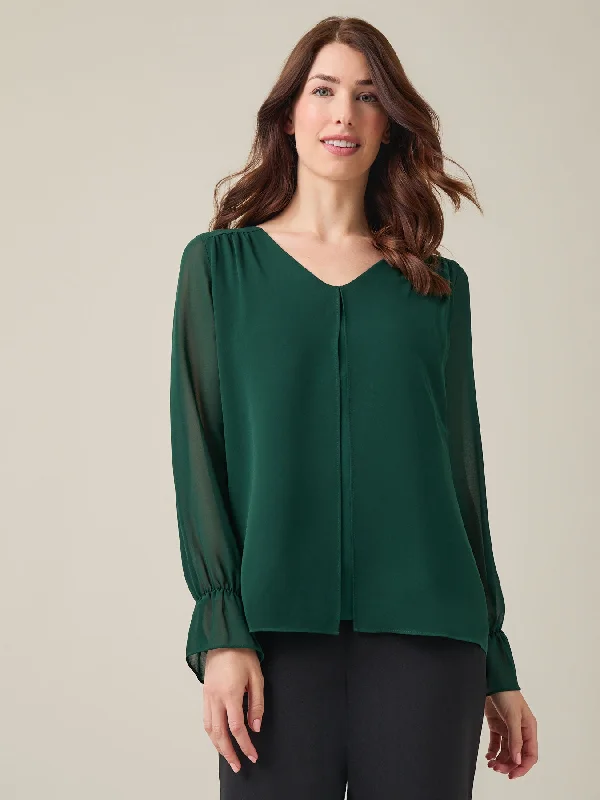 Flounce Sleeve Blouse, Crepe De Chine Elegant Embroidery Blouse