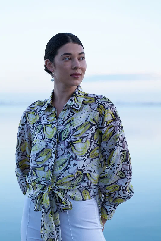Foil  - Knotto to be Missed Blouse - Tropics Collared Satin Blouse