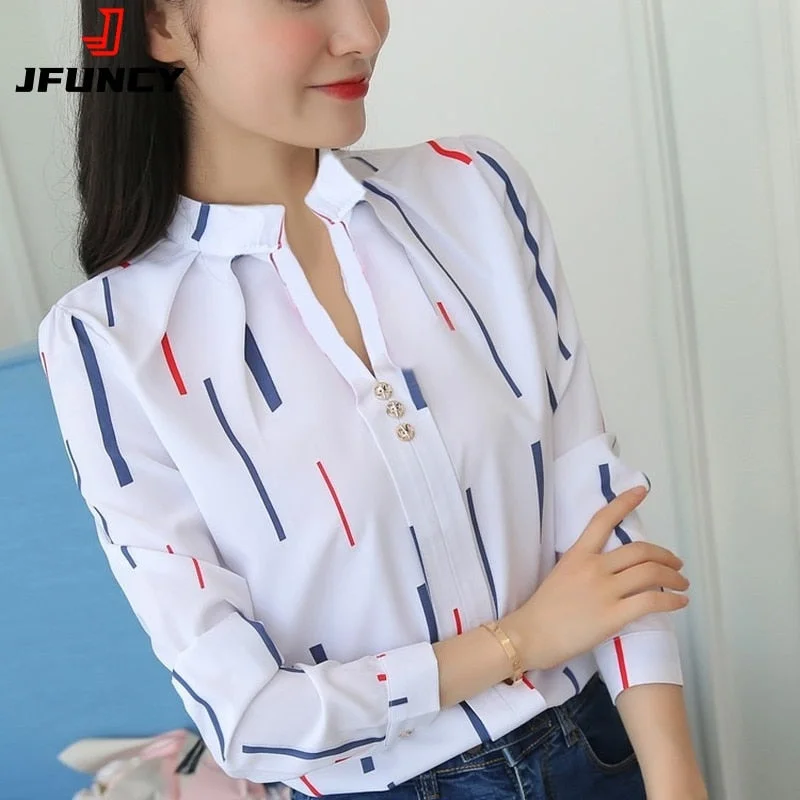 JFUNCY Women White Tops Women's Blouses Fashion Stripe Print Casual Long Sleeve Office Lady Work Shirts Female Slim Blusas Loose Fit Blouse