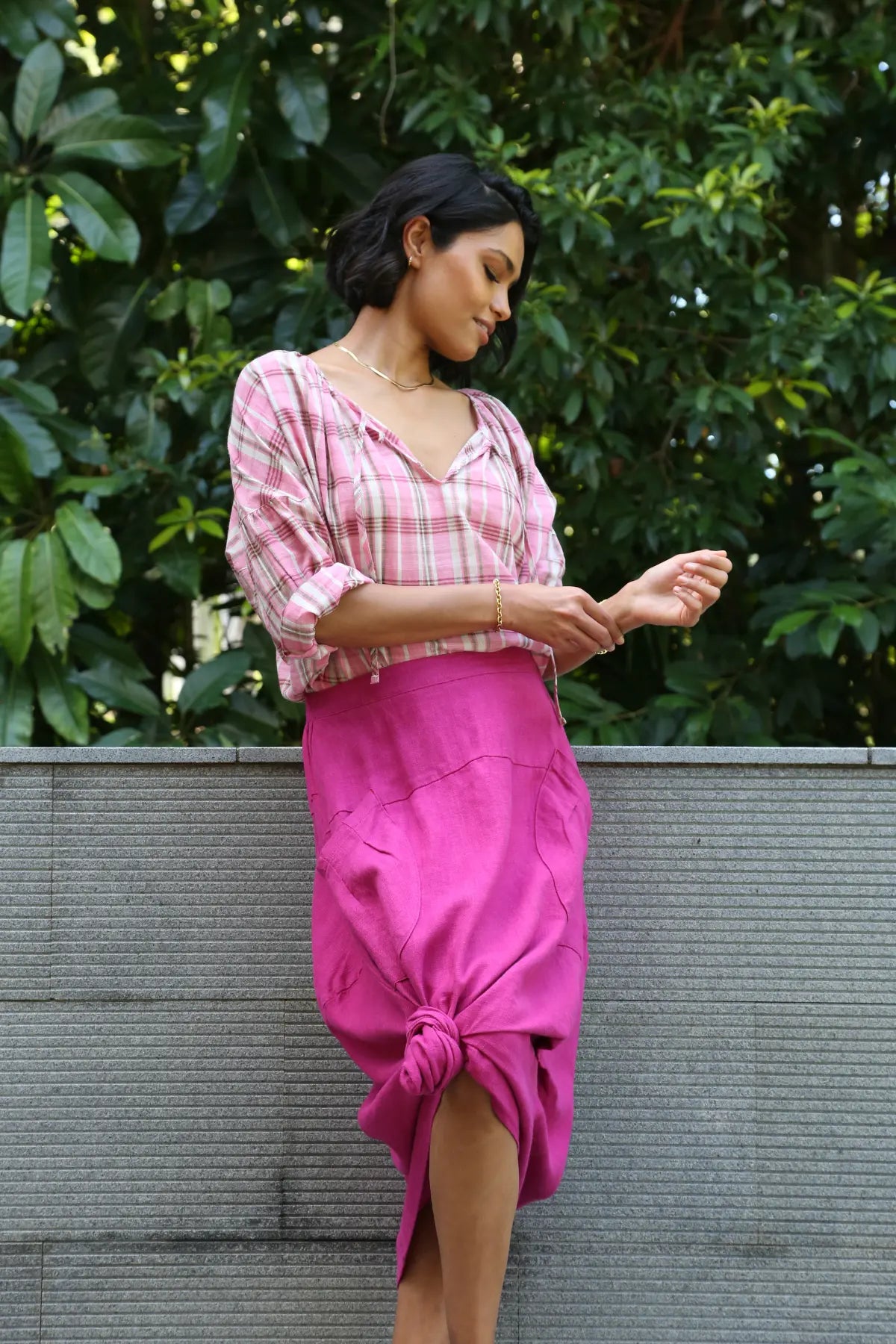 Leila Hamptons Blouse Pink in Cotton Delicate Pleat Blouse