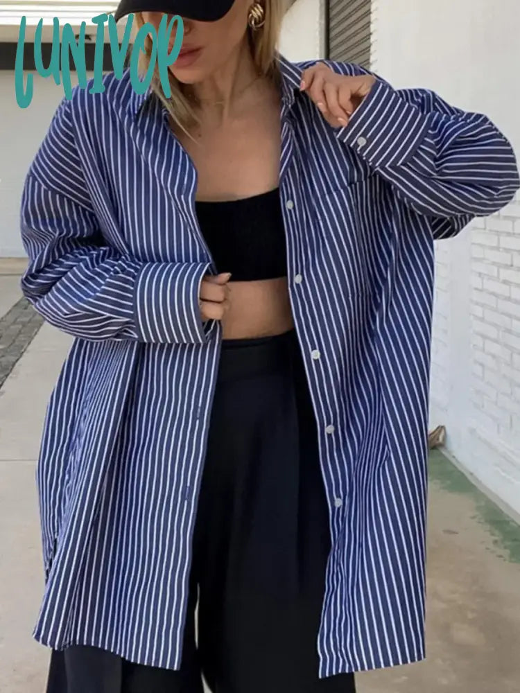 Lunivop Autumn Classic Striped Blouses Women New Long Sleeve Single Breasted Pocket Lapel Blouse Femme Streetwear Fashion Shirt Top Everyday Stylish Blouse
