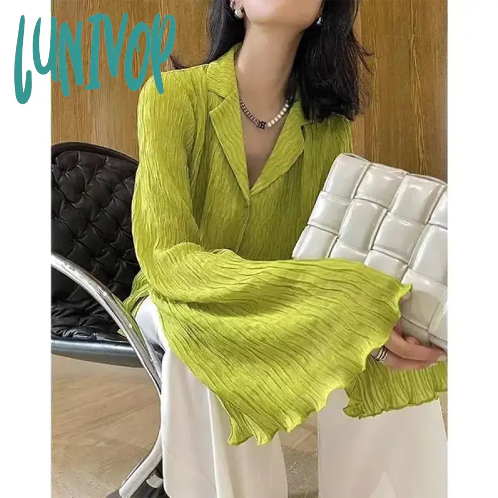 Lunivop Elegant Folds Shirts Women Vintage Flare Long Sleeve Pleated Blouses Office Ladies Korean Black Designer Casual Tops New Ruched Sleeve Blouse