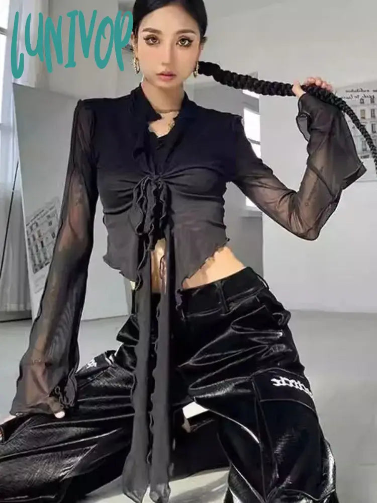 Lunivop Irregular Ruffles Y2K Blouses Women Summer Flare Sleeve Bandage Crop Tops Ladies Elegant Chic See Through Slim Shirts Pleated Collar Blouse