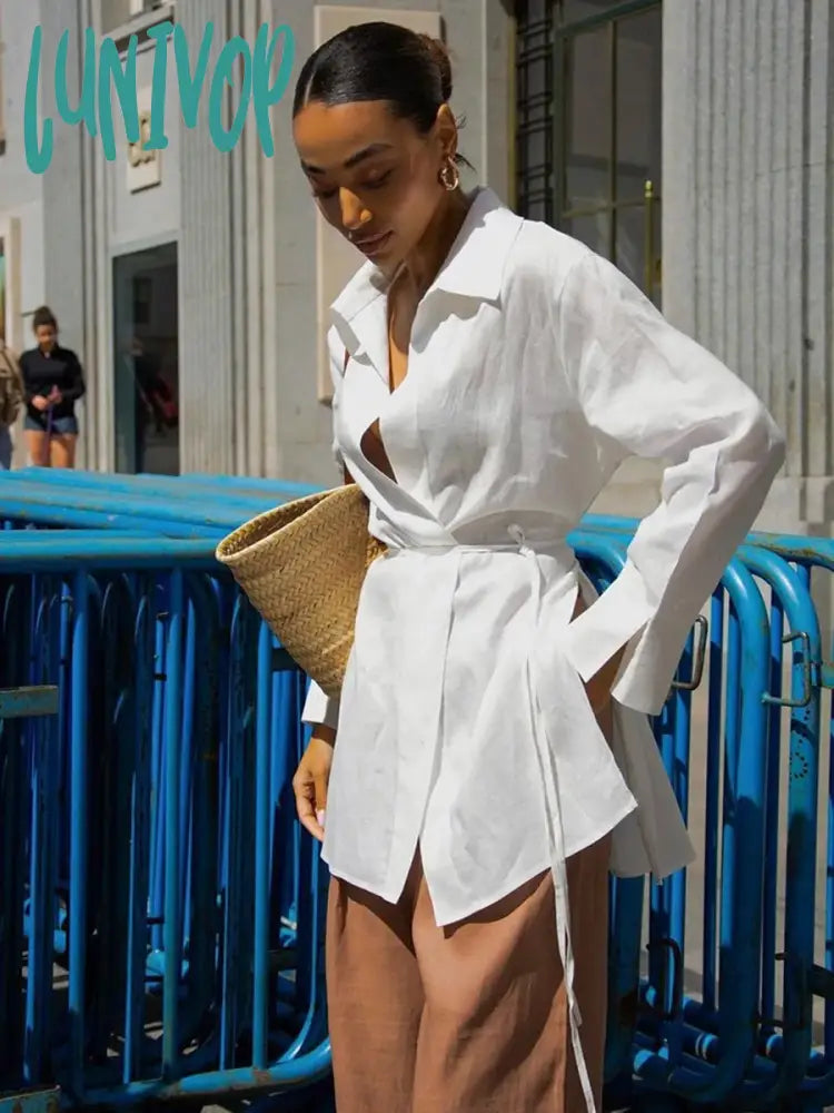 Lunivop New Casual White Shirt Top 2024 Spring New Chic Long Sleeve Lace-up Lapel Collar Blouse Women Fashion Simple Office Lady Blouses Elegant Lace Blouse