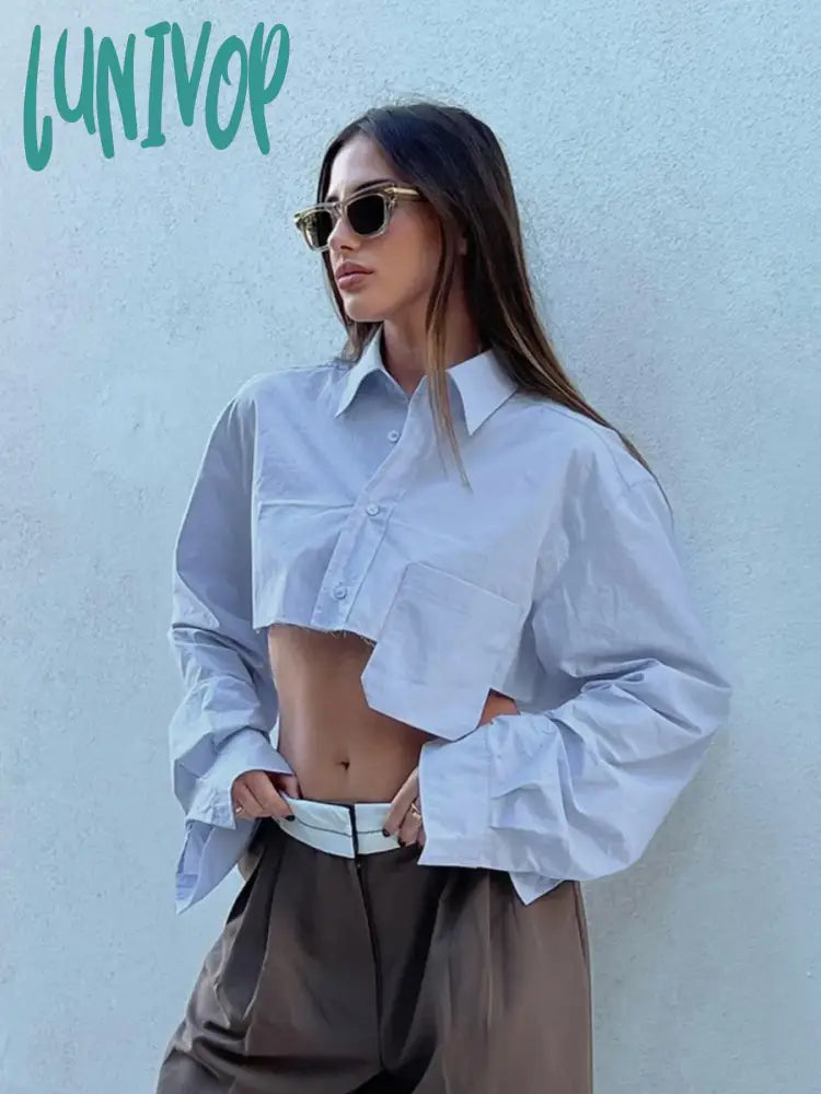 Lunivop Pocket Patchwork Cropped Shirts For Women 2024 New Spring Summer Chic Long Sleeve Button Blouses Streetwear Fashion Solid Blouse Soft Knit Blouse Lunivop Pocket Patchwork Cropped Shirts For Women 2024 New Spring Summer Chic Long Sleeve Button Blouses Streetwear Fashion Solid Blouse Soft Knit Blouse