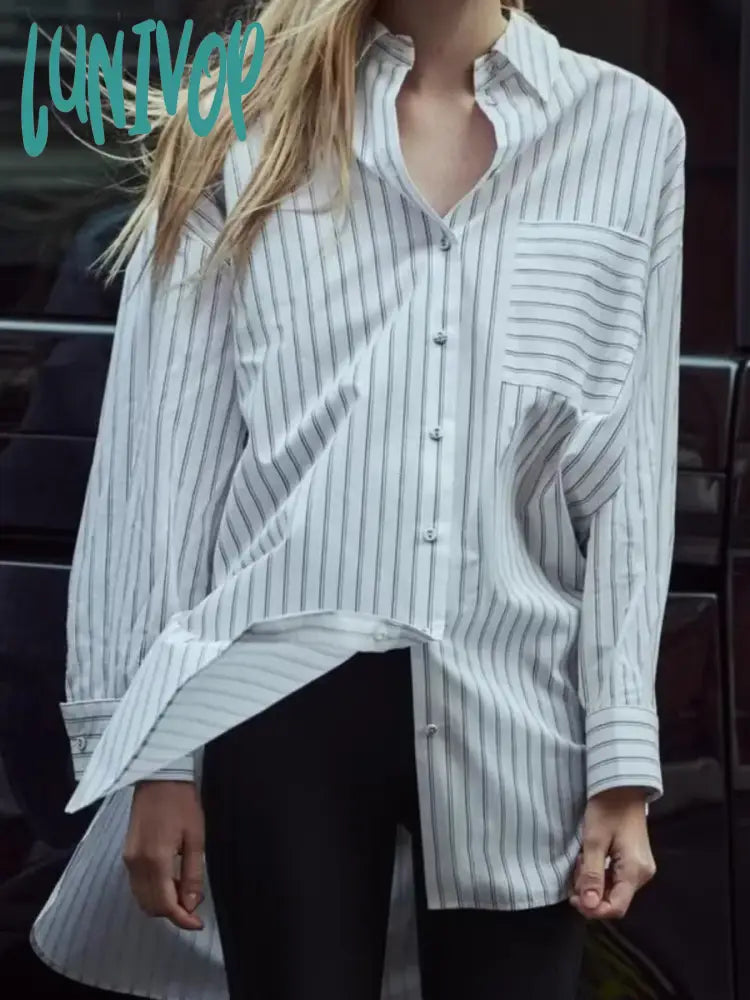 Lunivop Pocket Striped Blouses Women 2024 Spring New Chic Long Sleeve Lapel Collar Button Up Blouse Female Casual Fashion Long Shirt Top Embellished Collar Blouse