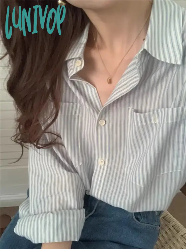 Lunivop Pockets Striped Shirts Women 2024 Spring New Long Sleeve Single Breasted Lapel Collar Blouses Korean Fashion Casual Chic Blouse Soft Modal Blouse