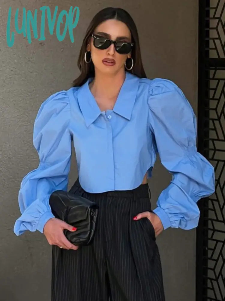 Lunivop Solid Color Shirts For Women French Fashion Lapel Collar Puff Sleeve Cropped Blouses Female Streetwear Casual Blouse 2024 Spring Lightweight Linen Blouse Lunivop Solid Color Shirts For Women French Fashion Lapel Collar Puff Sleeve Cropped Blouses Female Streetwear Casual Blouse 2024 Spring Lightweight Linen Blouse