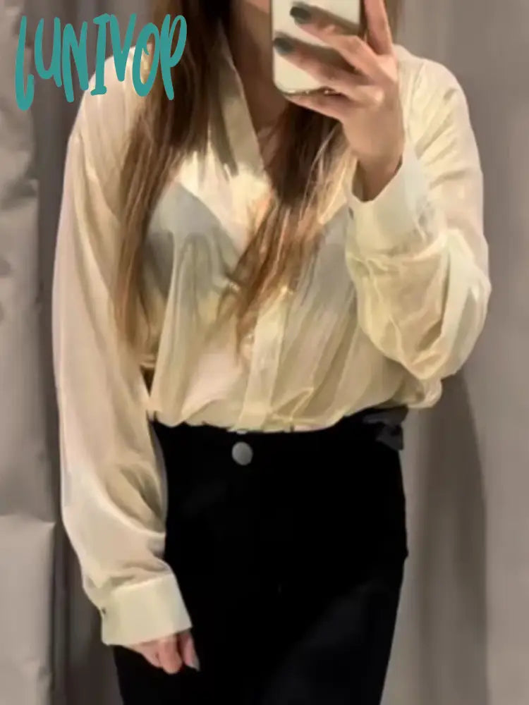 Lunivop Solid Color Transparent Shirts Women 2024 Spring New Long Sleeve Single Breasted Lapel Collar Blouses Casual Fashion Blouse Lady Balloon Sleeve Blouse