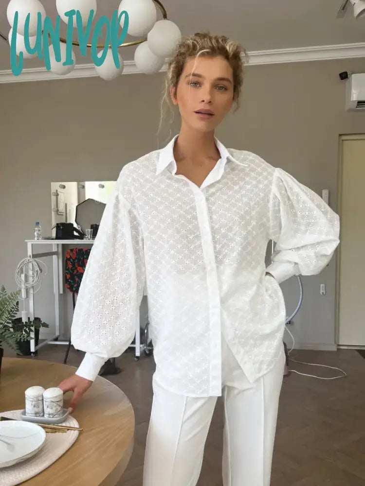 Lunivop Solid Hollow Out Blouses 2024 New Spring Summer Turndown Collar Lantern Sleeve Jacquard Shirts Casual Fashion Blouse Female Tops Frilled Cuff Blouse