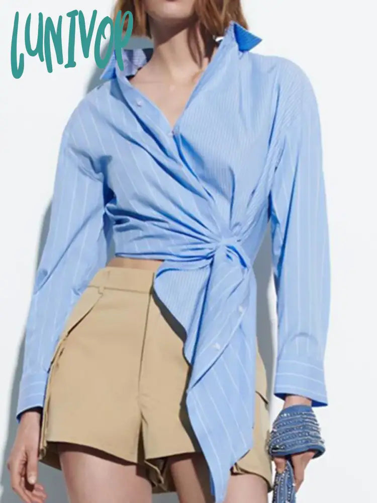 Lunivop Striped Patchwork Shirts For Women Long Sleeve Lapel Collar Irregular Hem Classic Blue Blouses 2024 New Casual Fashion Blouse Off-Shoulder Wrap Blouse