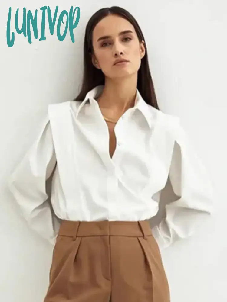 Lunivop Women's Casual White Blouses 2024 Spring New Long Sleeve Single Breasted Lapel Collar Blouse Simple Fashion Office Lady Shirts Ruched Sleeve Blouse