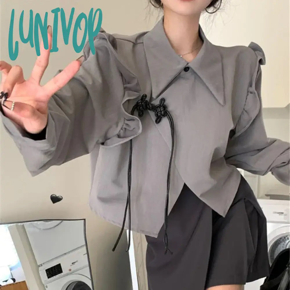 Lunivop Y2K Irregular Crop Blouses Women Harajuku Ruffles Asymmetrical Shirts Korean Preppy Streetwear Long Sleeve Lace Up Tops Sweetheart Neck Blouse