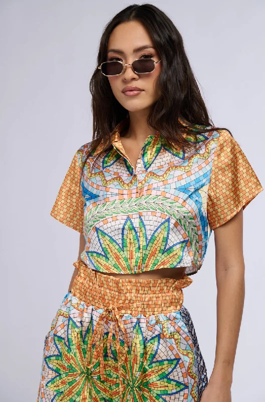 MOSAIC SATIN PRINT SHORT SLEEVE BLOUSE Smart Business Blouse