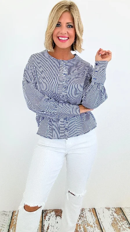 Parisian Stripe Ruffle Blouse - Blue Floral Chiffon Blouse