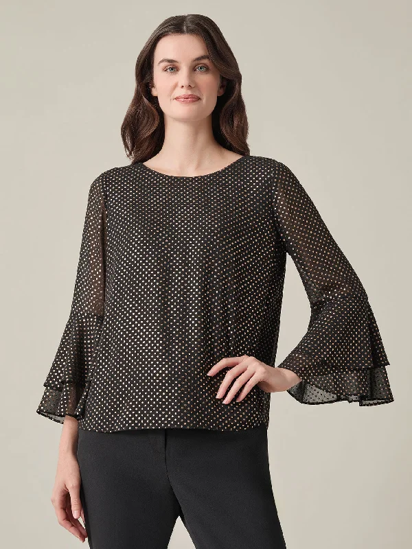 Petite Tiered Bell Sleeve Blouse, Sparkle Detail Subtle Shimmer Blouse
