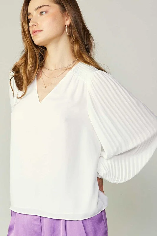 Pleated Sleeve Blouse Embroidered Cotton Blouse