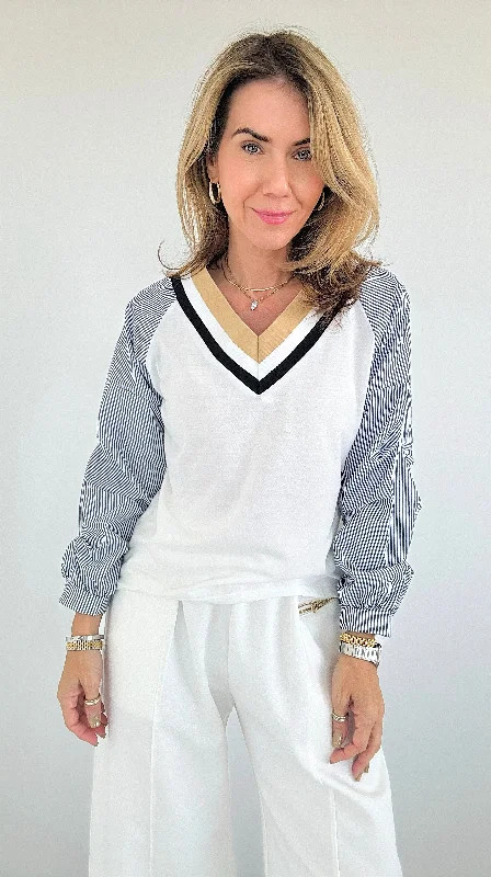 Riviera V-Neck Stripe Blouse Cotton Casual Blouse