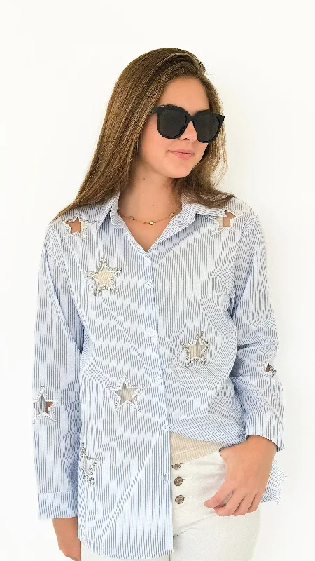 Starry Stripes Button-Down Blouse Sheer Sleeve Blouse