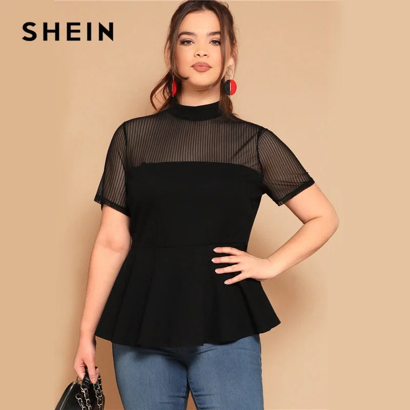 SHEIN Plus Size Black Striped Mesh Yoke Peplum Top Blouse 2019 Women Summer Stand Collar Slim Fit Ruffle Hem Sheer Blouses Shirt Casual Button Blouse