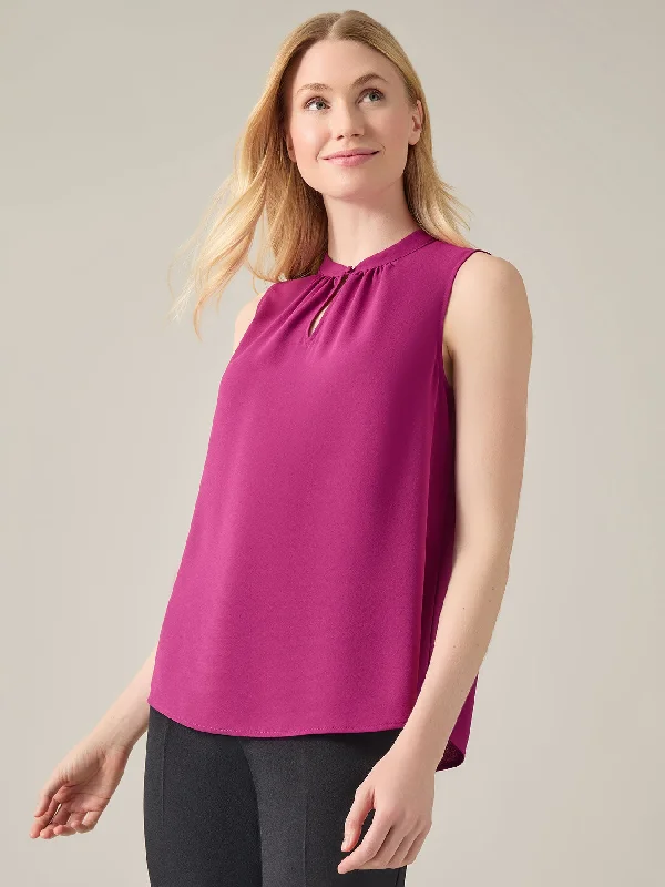 Sleeveless Keyhole Blouse, Crepe De Chine Frilled Cuff Blouse