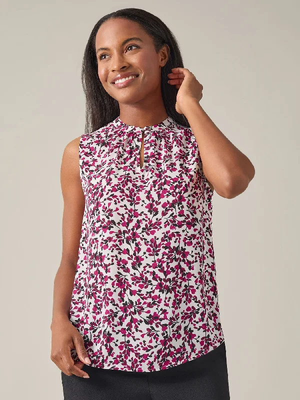 Sleeveless Keyhole Blouse, Crepe De Chine Asymmetric Hem Blouse
