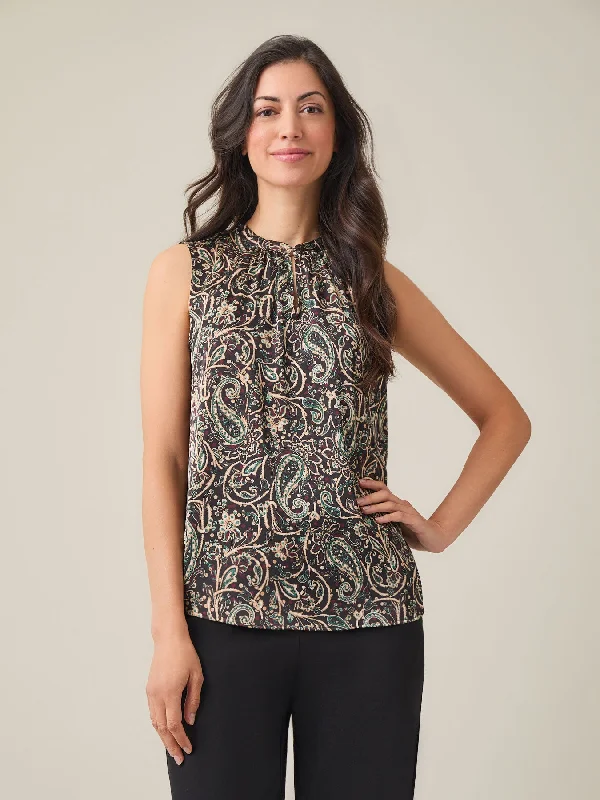 Sleeveless Keyhole Blouse, Solid Crepe Stylish Wrap Blouse