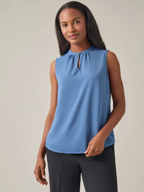 Sleeveless Keyhole Blouse, Solid Crepe Vintage Polka Blouse