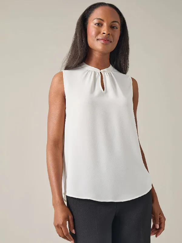 Sleeveless Keyhole Blouse, Solid Crepe Casual Button Blouse