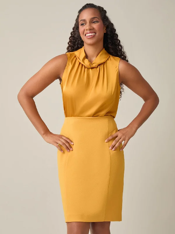 Sleeveless Twist Neck Blouse, Gold Signature Polished Work Blouse
