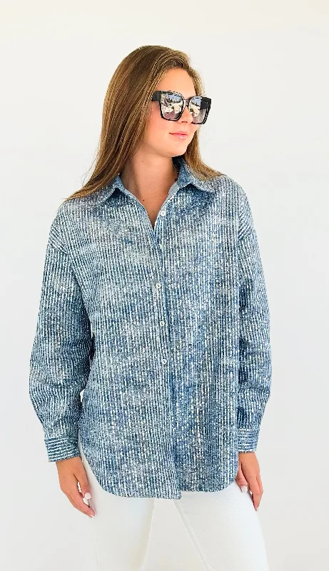 Sparkly Sequin Denim Shacket Elegant Office Blouse
