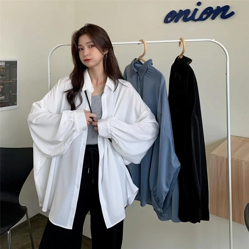 Spring Summer Women Shirt Oversize Elegant Blouses for Women Lantern Sleeve White Shirt Mid-length Shir Coat Women Tunic Casual Stripe Blouse