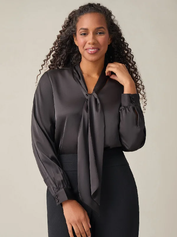 Tie-Neck Long Sleeve Blouse, Black Feminine Ruffle Blouse