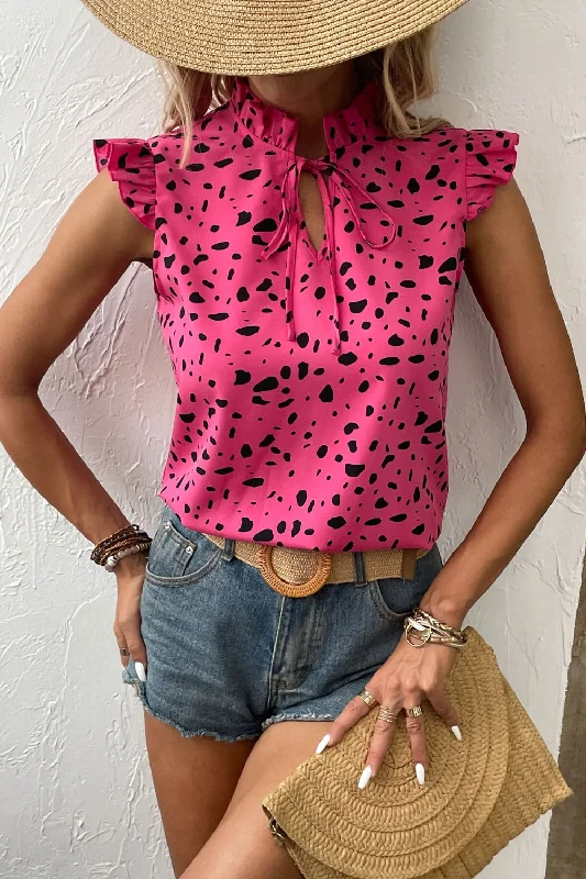 Printed Tie Neck Cap Sleeve Pink Blouse Casual Relaxed Fit Blouse